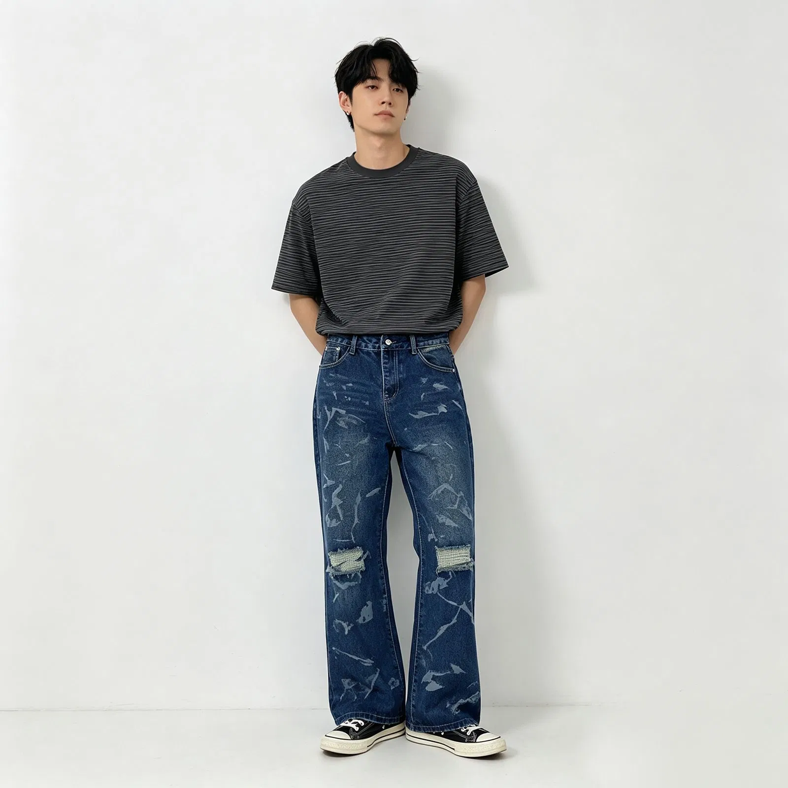 Calças largas vintage personalizadas com aplique de chamas e bordado, calças de denim baggy para homens, jeans góticos desgastados e distorcidos para moda de rua