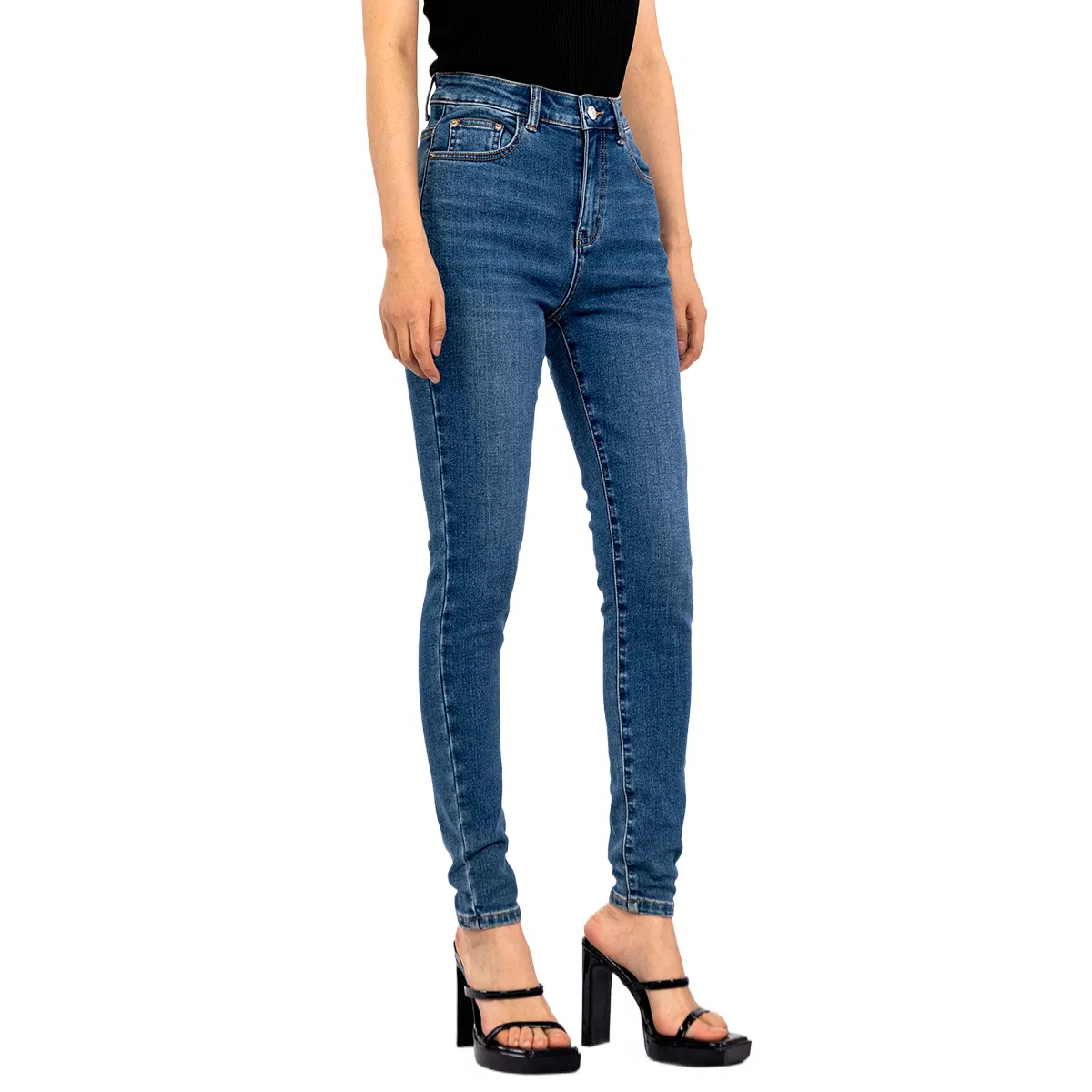 Calças Jeans de Denim Escuro Sub Clássico de Cintura Alta Stretch Skinny para Mulheres