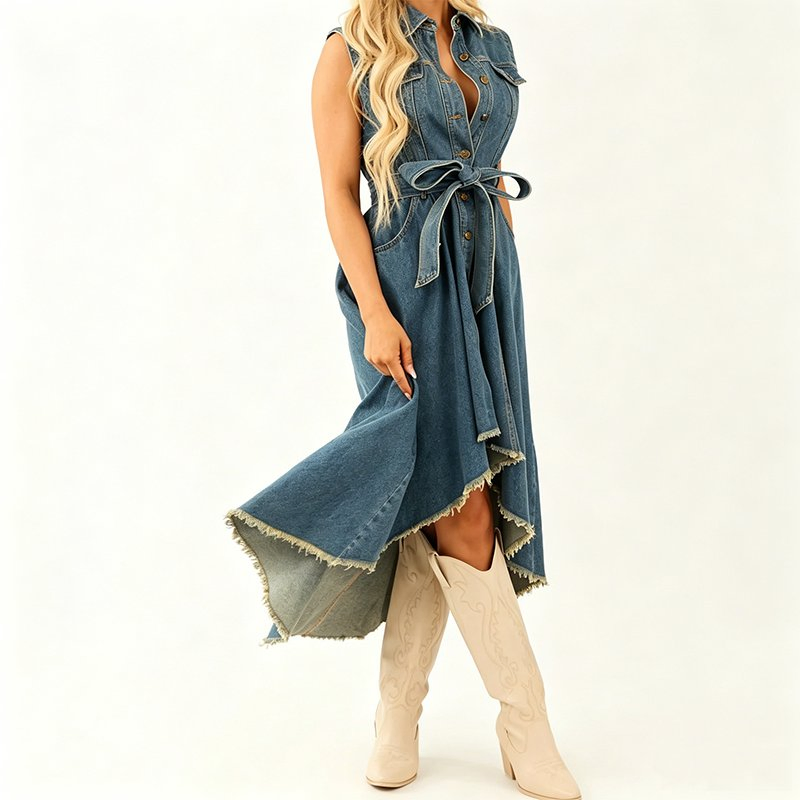 Vestido MIDI de mulher sem mangas estilo ocidental, com lapela, botão frontal, cinto de amarração na cintura, barra irregular assimétrica com franjas e bolsos, vestido casual de jeans estilo cowgirl