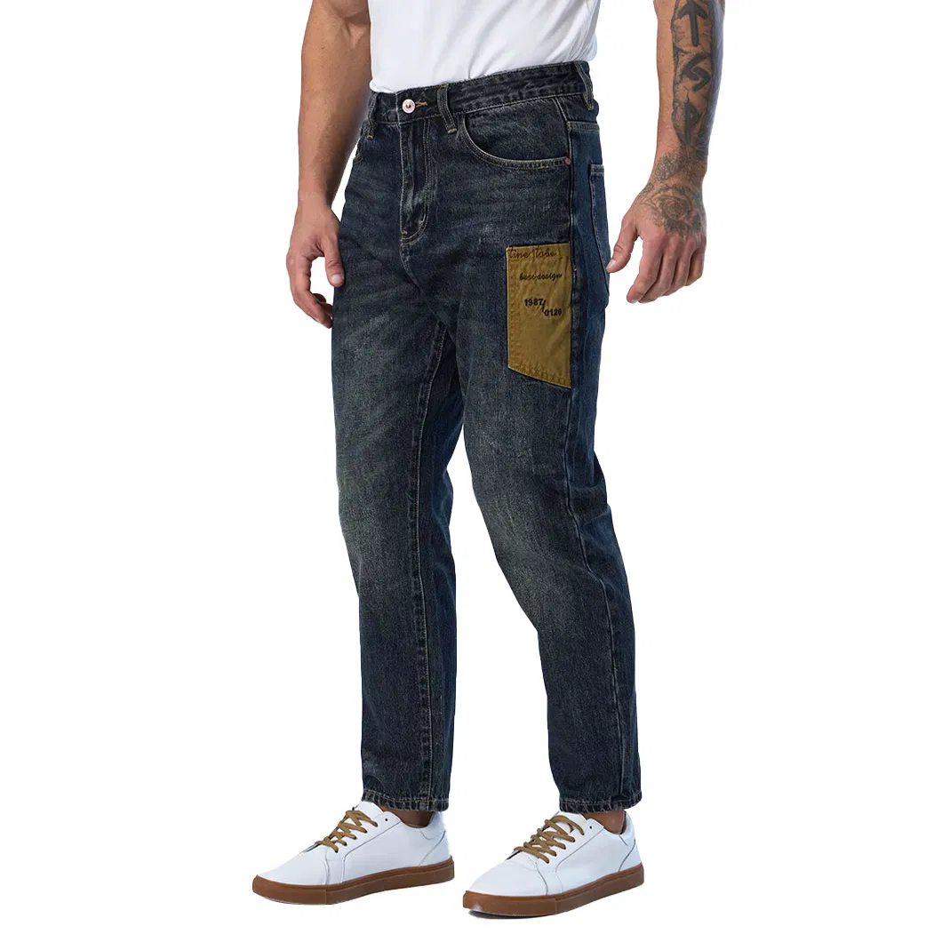 Design de Patches Personalizado em Jeans Casual Azul Escuro para Homens, Corte Reto