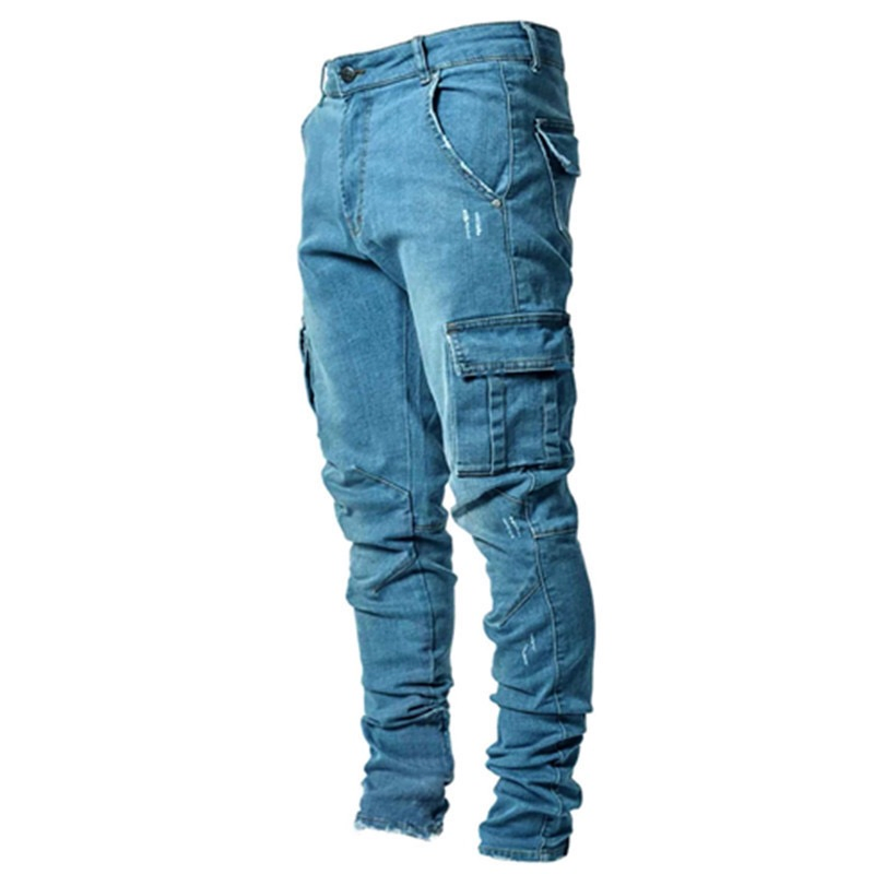 2024 Calças Jeans Estreitas com Zíper e Buraco no Joelho para Homens