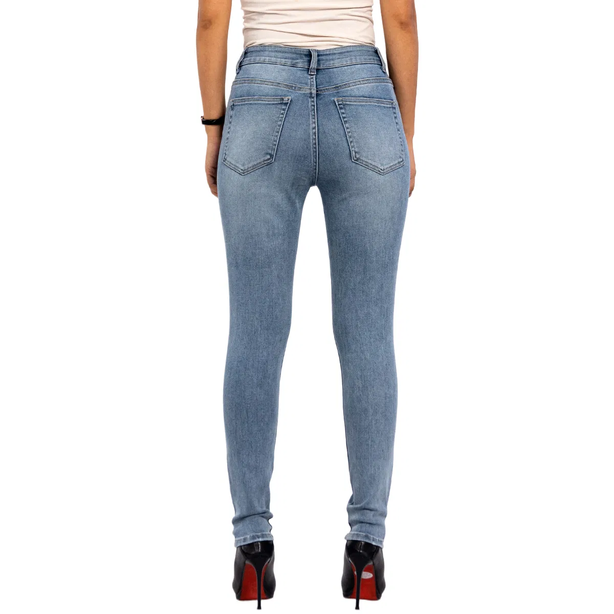Calças de Denim Azul Claro com Lantejoulas e Strass de Cintura Alta, Skinny e com Stretch para Mulheres