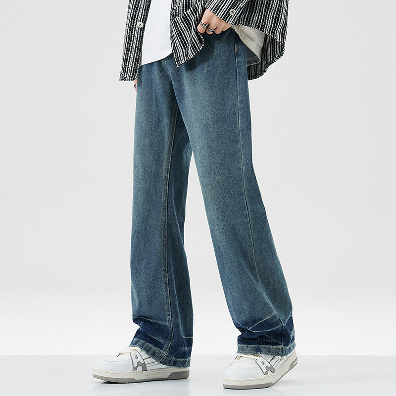 Calças largas de cintura alta estilo americano, jeans retro levemente flare para homens, calças de denim em branco para casais