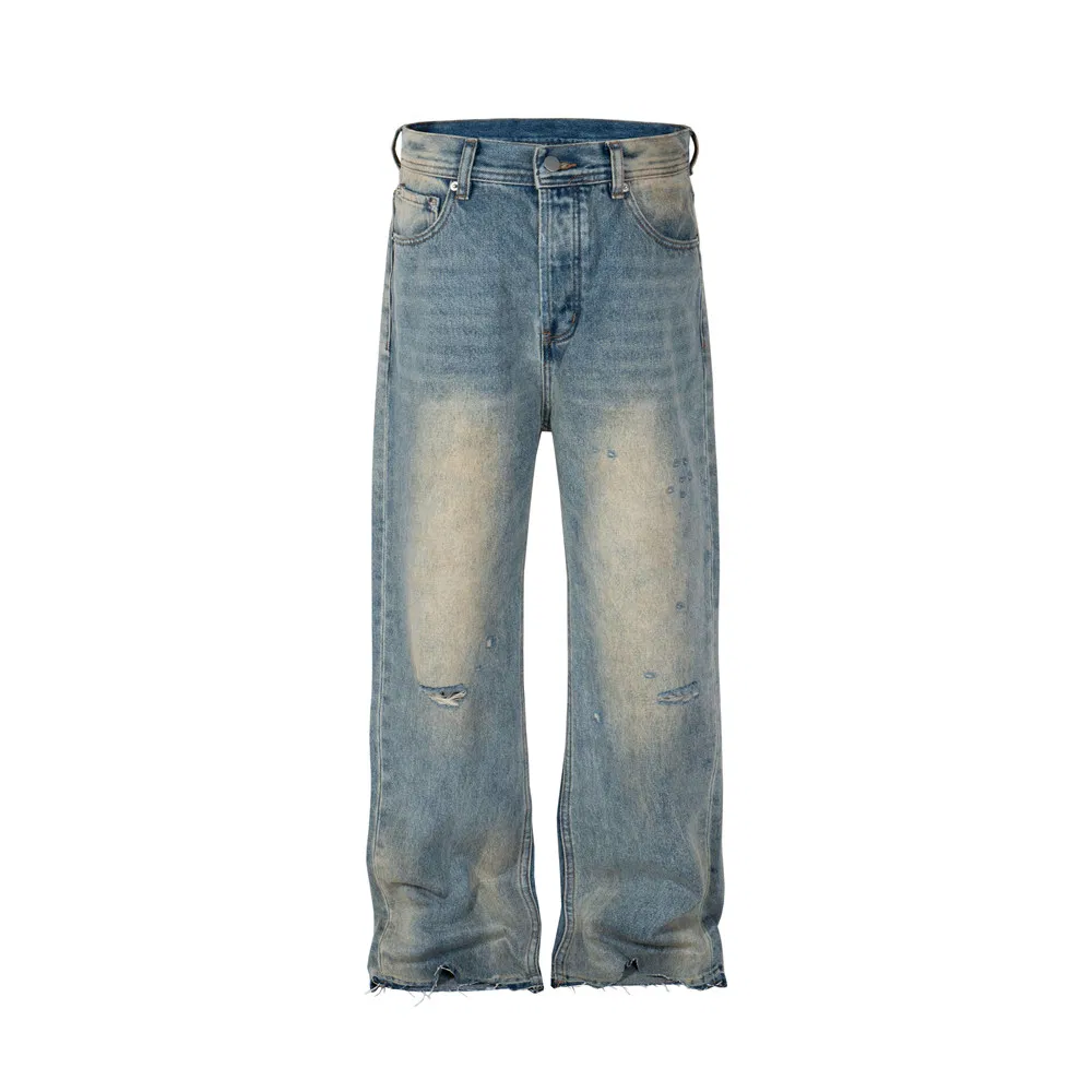 Calças jeans masculinas baggy de flare plus size, com aplicação de resina azul vintage, lavagem à mão e acabamento desgastado