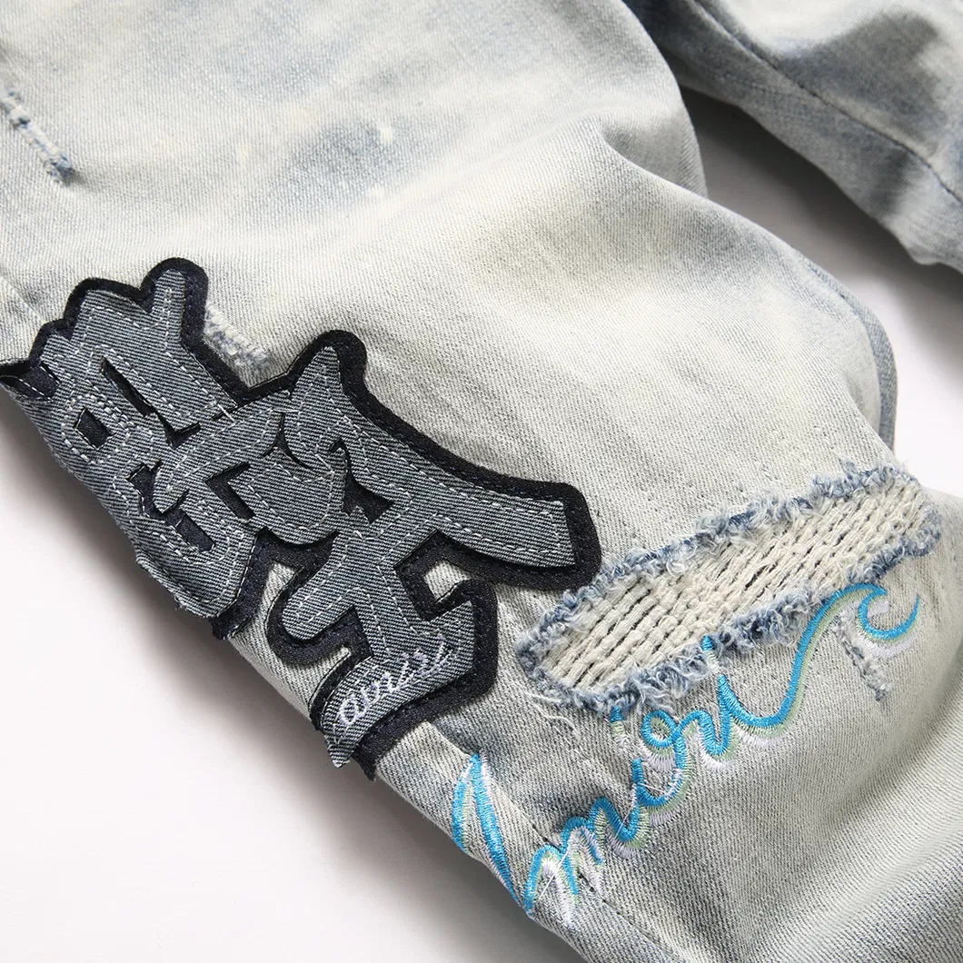 Fábrica Atacado Personalizado Logotipo de Marca Alta Qualidade Am Rasgado Azul Estrela Patches Ajuste Slim Jeans Skinny Masculinos Tendência