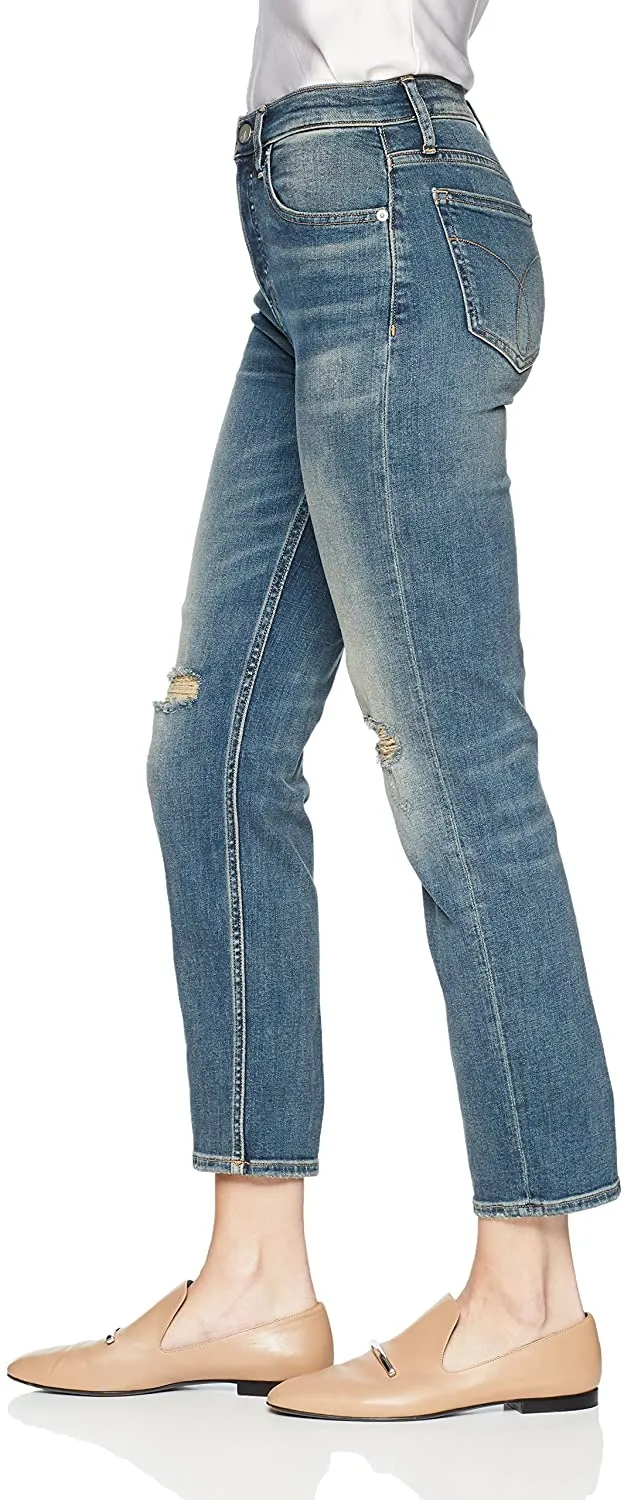 Calças jeans skinny femininas ajustadas com rasgos, calças elásticas