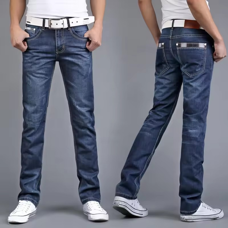 Calça Jeans Casual Slim-Fit Masculina Minimalista de Cor Sólida