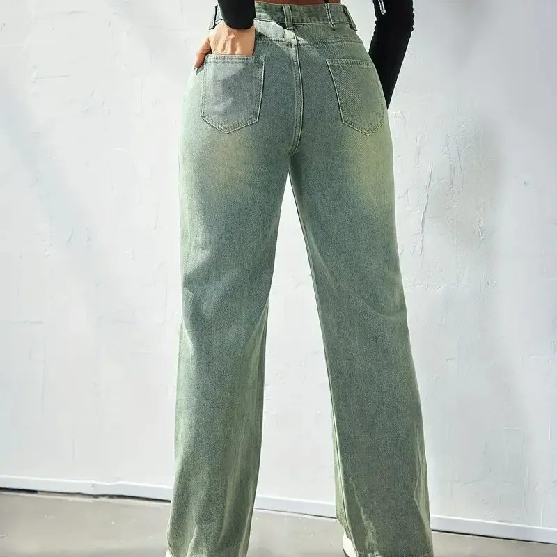 Calças Jeans Vintage Baggy Azuis de Perna Reta Rasgadas com Efeito Desgastado Ajustadas para Menina
