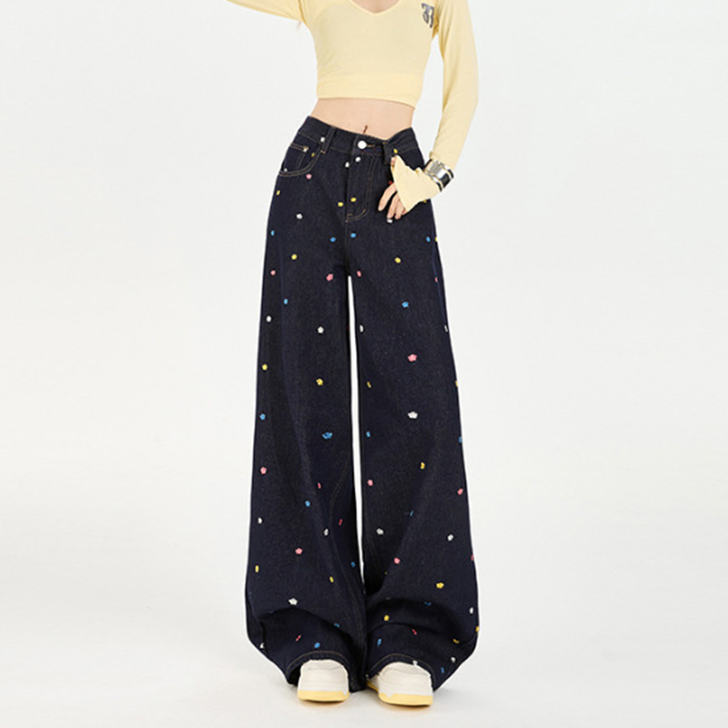 Calças de jeans femininas de denim vintage bordadas de alta qualidade, largas e retas, com ajuste relaxado, atacado de alta rua