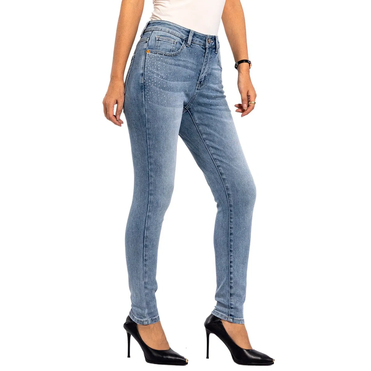 Calças de Denim Azul Claro com Lantejoulas e Strass de Cintura Alta, Skinny e com Stretch para Mulheres
