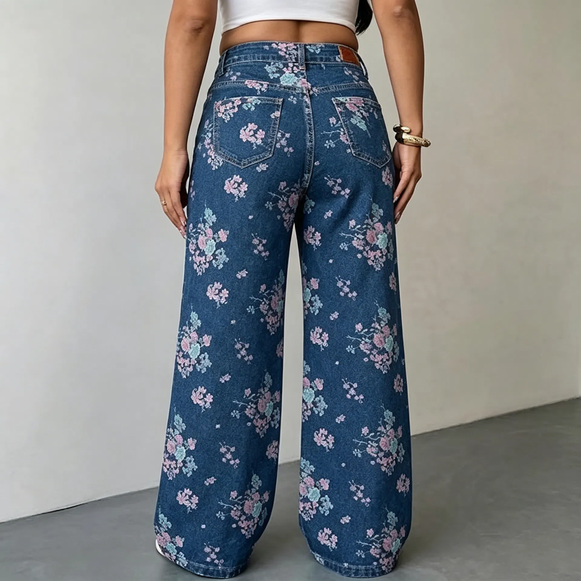 Calças de Jeans de Cintura Alta com Estampa Floral, Largura Larga, Soltas e Elegantes