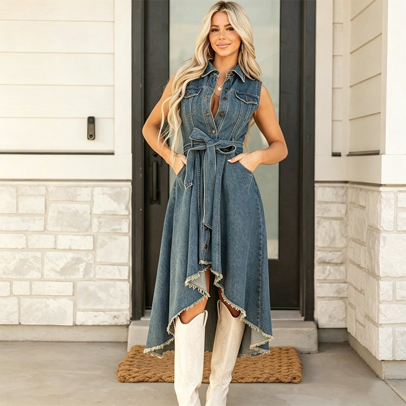 Vestido MIDI de mulher sem mangas estilo ocidental, com lapela, botão frontal, cinto de amarração na cintura, barra irregular assimétrica com franjas e bolsos, vestido casual de jeans estilo cowgirl