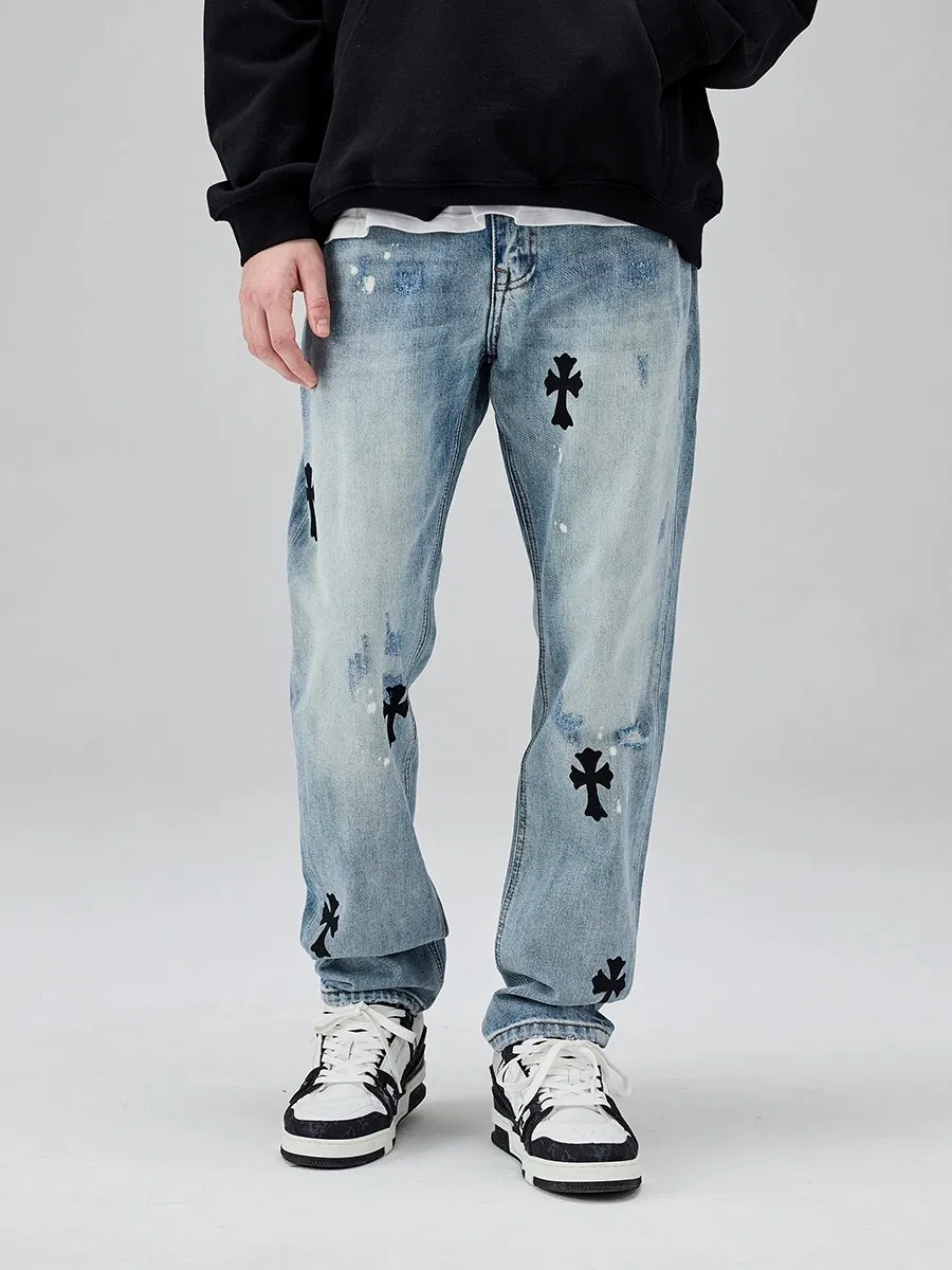 Jeans de Denim com Bordado, Lavagem, Corte Reto e Relaxado para Homens