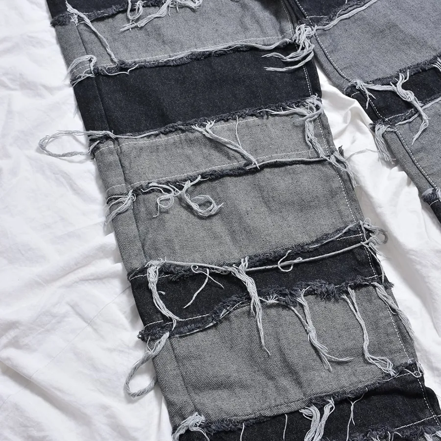 Calças jeans skinny de denim preto em patchwork listrado com acetato para homens