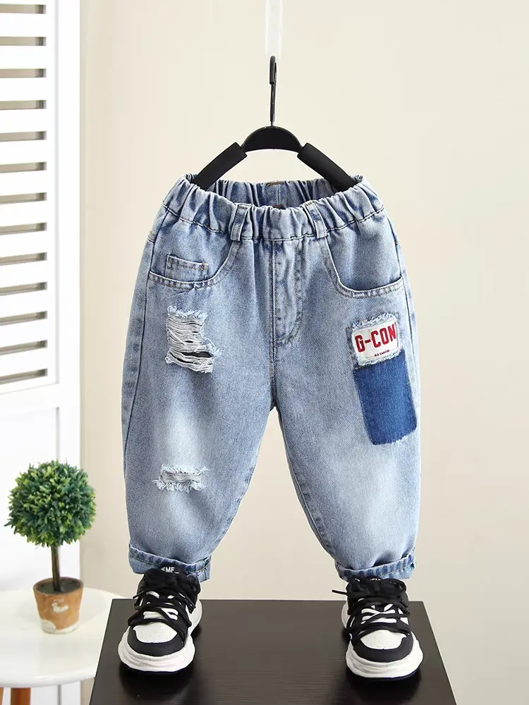 Calças Jeans Casuais Slim-Fit de Algodão Elástico para Crianças, Leves e Ecológicas
