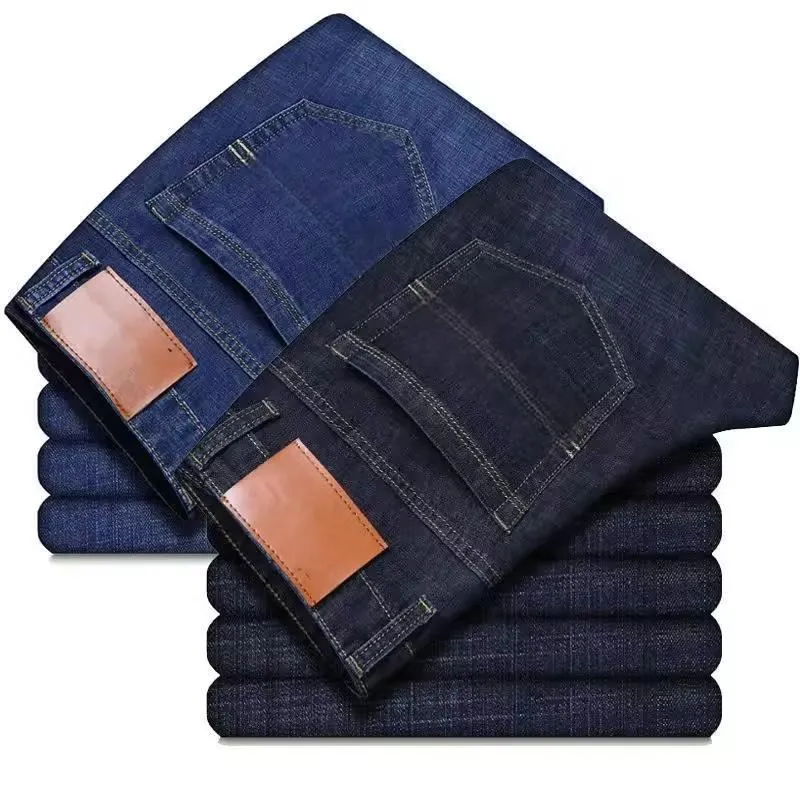 Calças Jeans Masculinas Slimming de Tecido Denim Stretch com Corte Reto e Estilo Casual de Negócios Desgastadas
