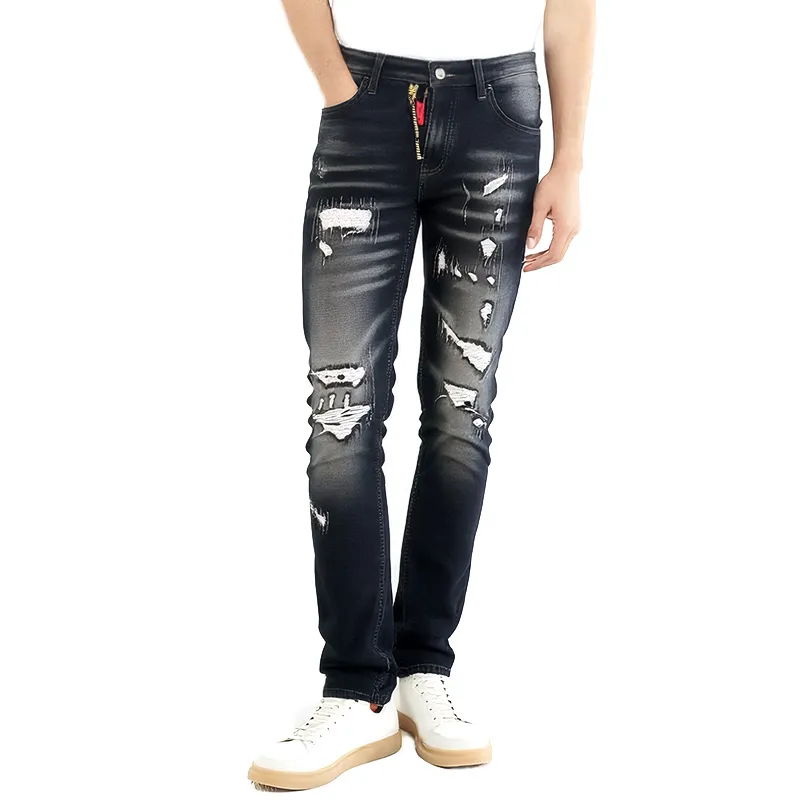 Calças Jeans Pretas Ripped Premium Personalizadas com Zíper Dourado Decorativo Corte Reto