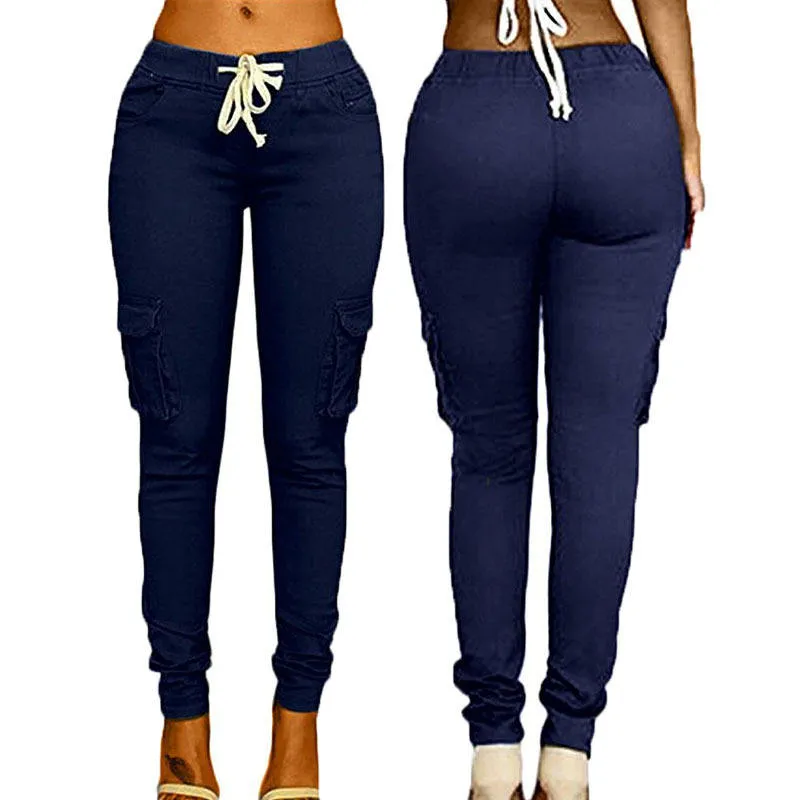 Calças Legging de Moda para Mulheres com Cordão Casual Cintura Alta Cargo Tamanho Plus Calças Longas