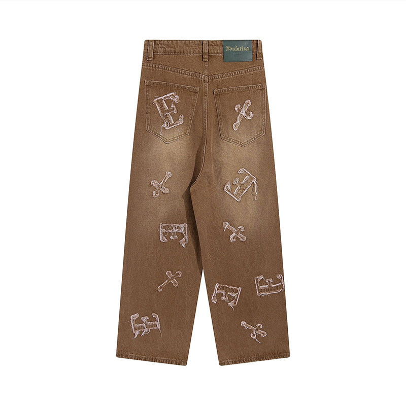 Calças Bordadas Design Niche Jeans Retro Calças Retas Masculinas Mop de Chão