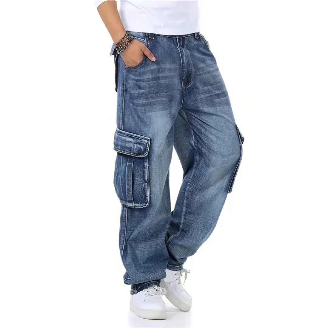 Calças de Trabalho Jeans de Hip Hop Casuais Masculinas Largas com Bolsos Cargo