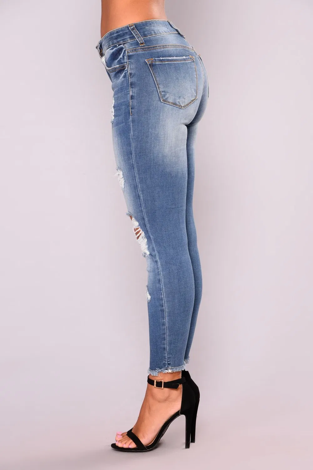 Calças cargo rasgadas femininas personalizadas, jeans slim stretch em denim