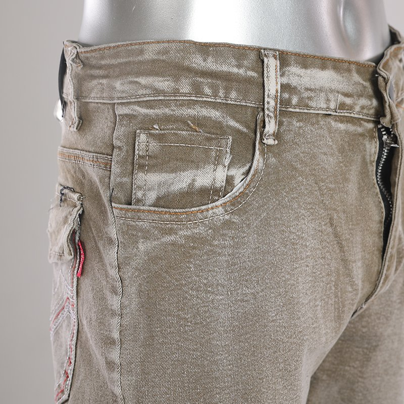 Jeans retos de cinco bolsos em denim marrom de cintura baixa e desbotado para homens