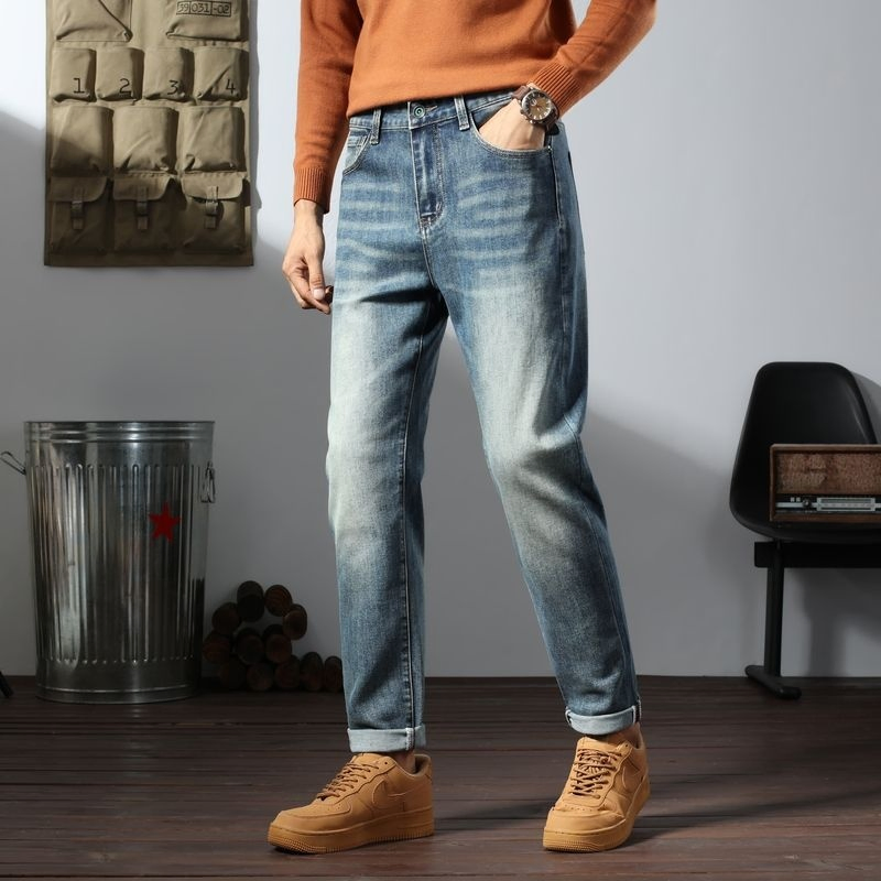 Calças jeans masculinas vintage de outono, estilo coreano, lavagem média, de cintura média, sólidas, respiráveis, leves e retas, personalizadas ODM