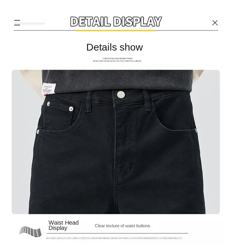 Calças Casuais Masculinas Jeans Pretos Stretch de Cintura Alta, Soltas e Afinadas