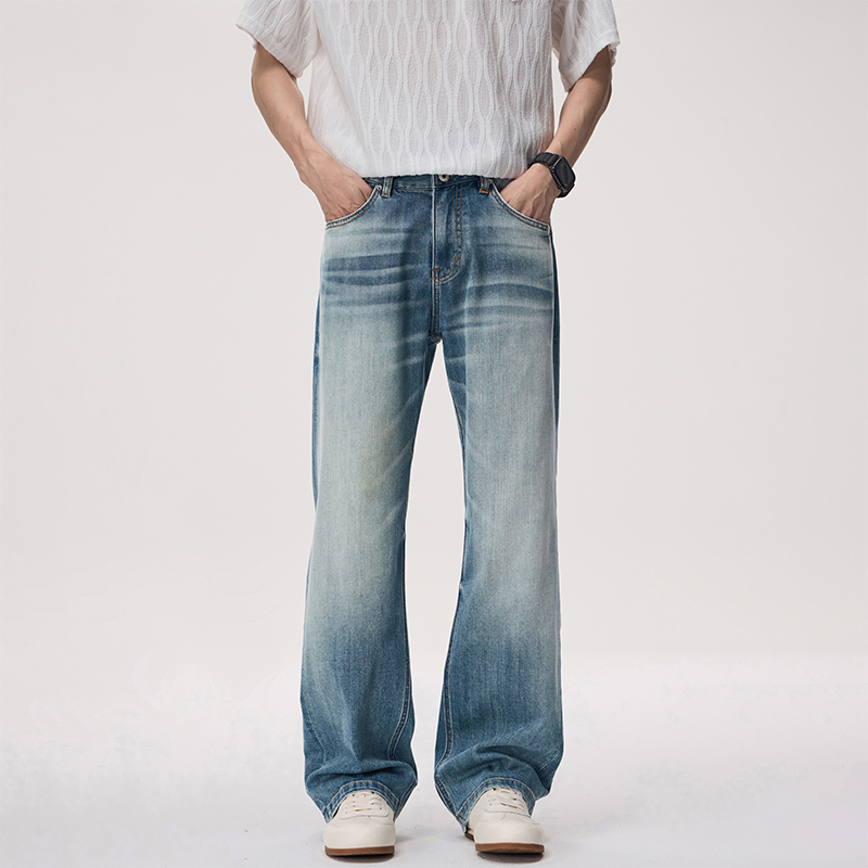 Moda de Tendência Hip Hop Urbana Premium Soft Gradiente Calça Larga Rasgada Jeans de Cintura Alta