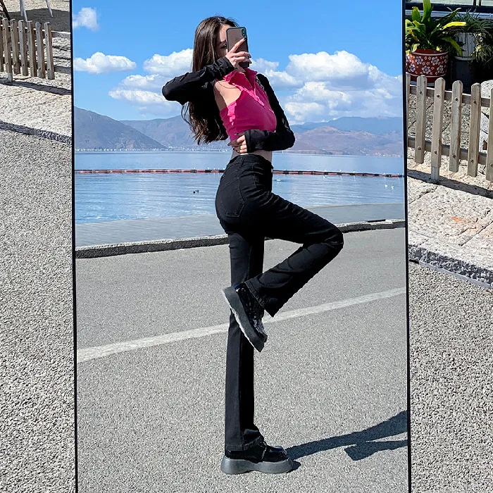Calças Jeans Micro Flare para Mulheres; S Ajuste Slim, Pernas Longas e Aparência Afinada