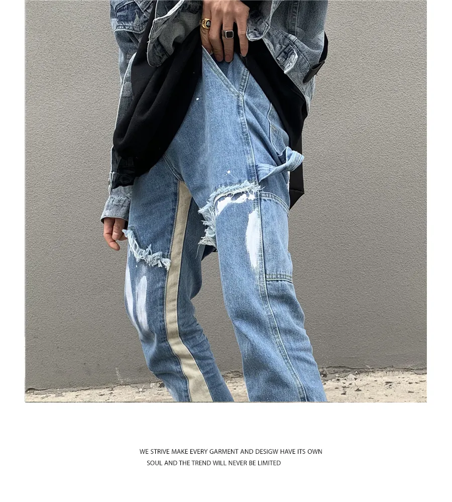 Calça Jeans Masculina Micro Flare com Pintura Desgastada à Mão e Costura, Estilo Personalidade, Corte Reto e Solto em Denim