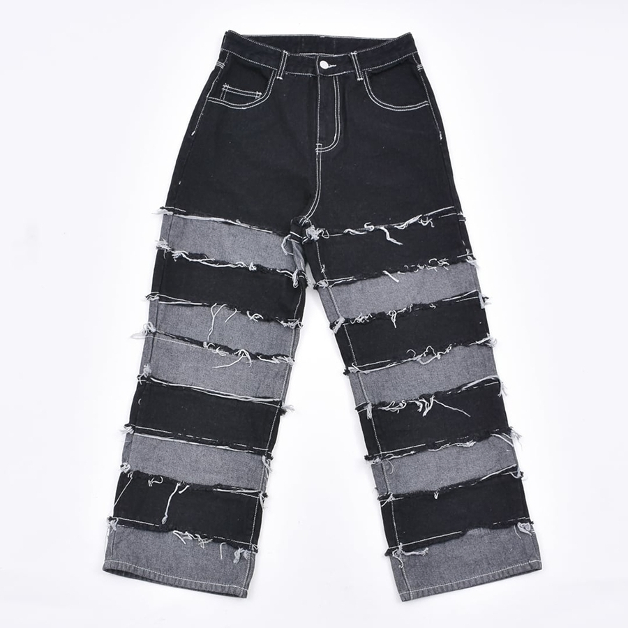 Calças jeans skinny de denim preto em patchwork listrado com acetato para homens