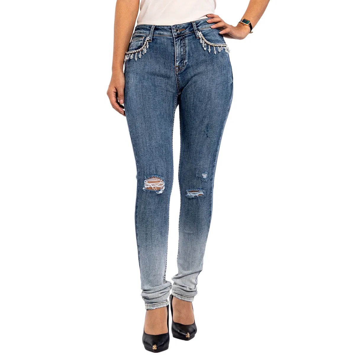 Calças de Denim Skinny de Cintura Alta com Renda Desfiada em Gradiente Azul para Mulheres