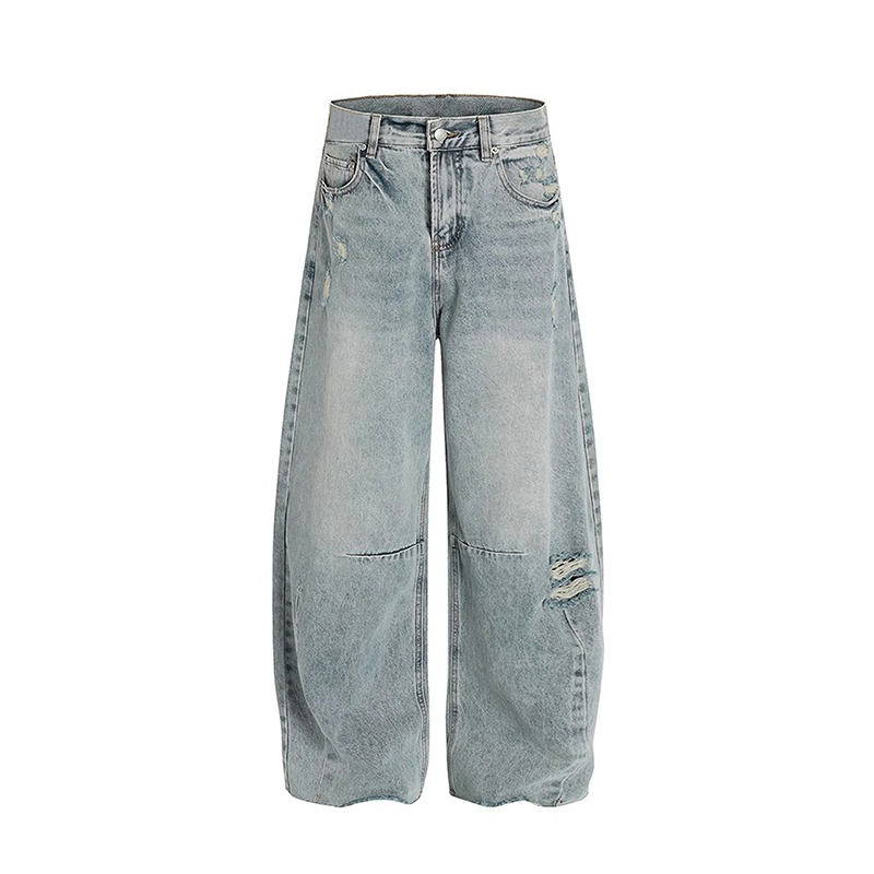 Fabricante Atacadista de Calças Jeans Masculinas Fornecedor Ajuste Relaxado Lavagem Suja Denim Texturizado Impressão de Letra Acabamento Amassado Mercado Europeu Fornecimento de Dropshipping OEM Logotipo Personalizado