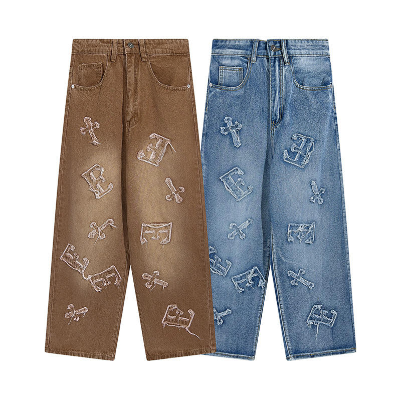 Calças Bordadas Design Niche Jeans Retro Calças Retas Masculinas Mop de Chão