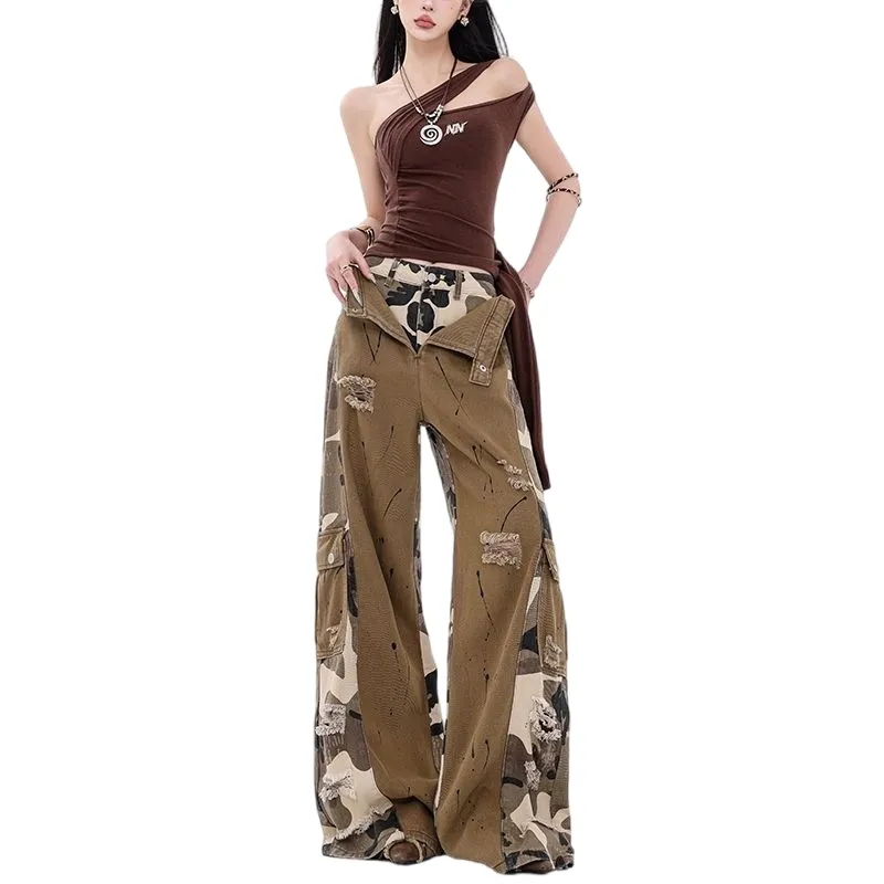 Calças de Denim Femininas de Largura Larga com Estampa Batik em Gradiente de Cores da Primavera e Outono, Design Relaxado com Corte Reto e Comprimento até o Chão
