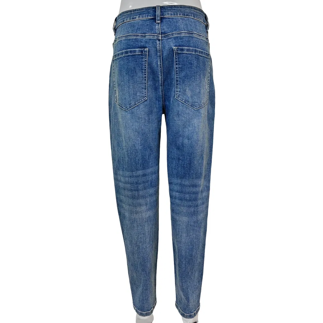 Calças de Jeans Relaxadas Tapered Azuis para Mulheres com Lavagem Desgastada Casual