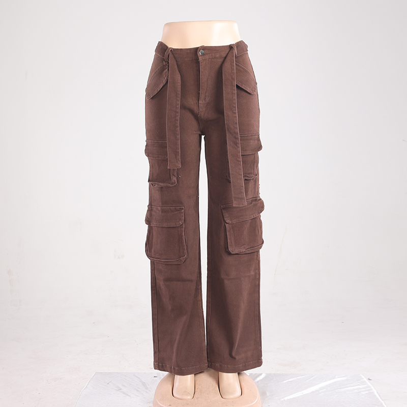 Calças de brim vintage femininas marrons de cintura alta, com pernas largas e múltiplos bolsos, calças cargo respiráveis, estilo de rua