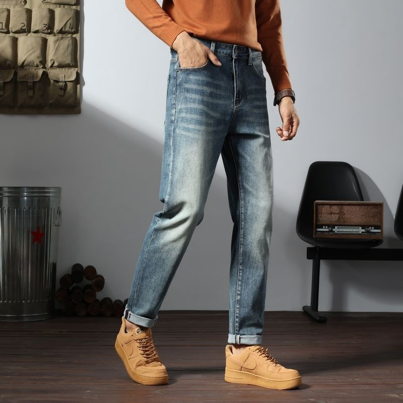 Calças jeans masculinas vintage de outono, estilo coreano, lavagem média, de cintura média, sólidas, respiráveis, leves e retas, personalizadas ODM