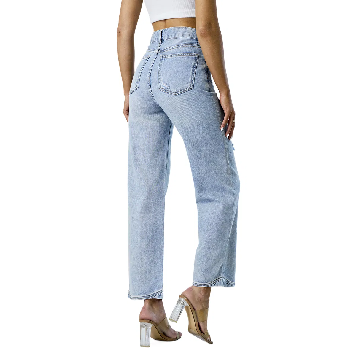 Calças de jeans mom de cintura alta, azuis, lavadas, soltas e casuais, com barra curvada para mulheres