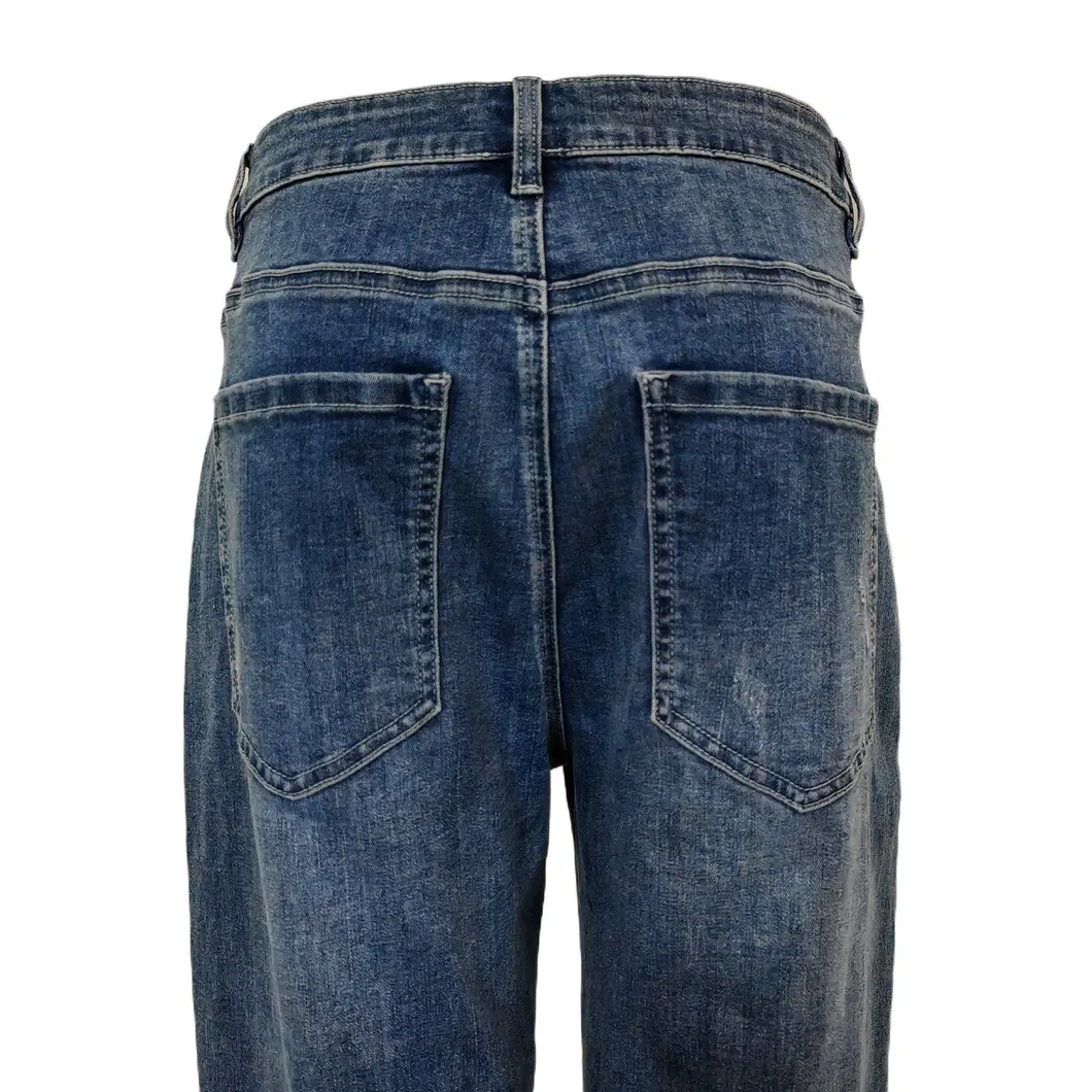 Calças de Jeans Relaxadas Tapered Azuis para Mulheres com Lavagem Desgastada Casual