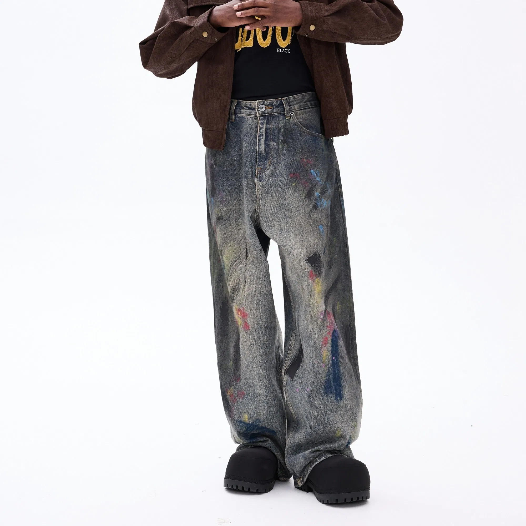 Fabricante de Jeans Masculinos Personalizados por Atacado Ajuste Relaxado Lavagem Clara Algodão Rígido Cintura Dupla 3D Efeito Desgastado Mercado Europeu Embalagem Personalizada OEM ODM Logotipo Personalizado