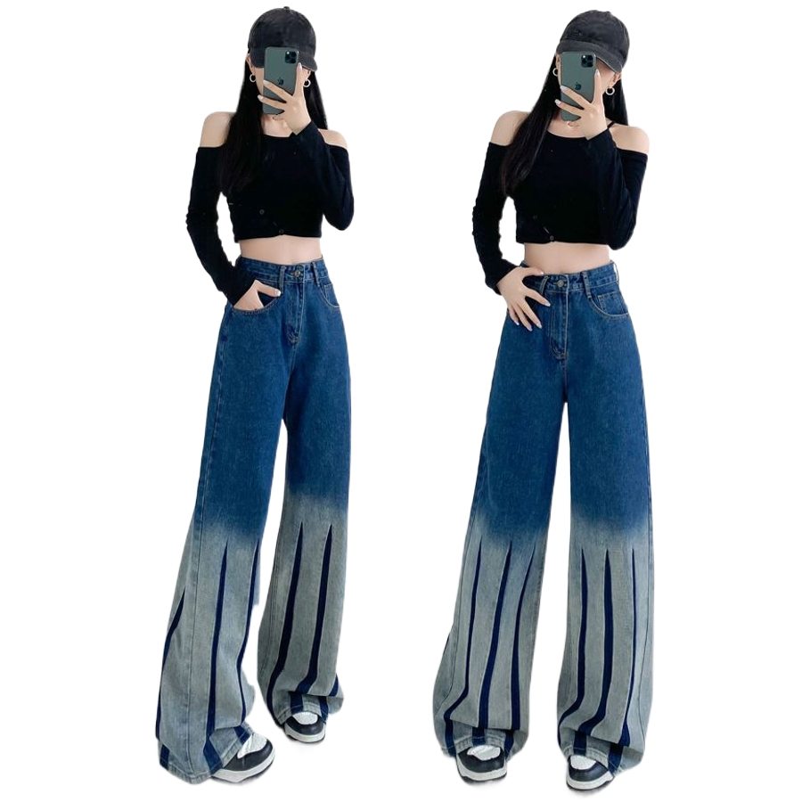 Calças de Denim Femininas de Largura Larga com Estampa Batik em Gradiente de Cores da Primavera e Outono, Design Relaxado com Corte Reto e Comprimento até o Chão