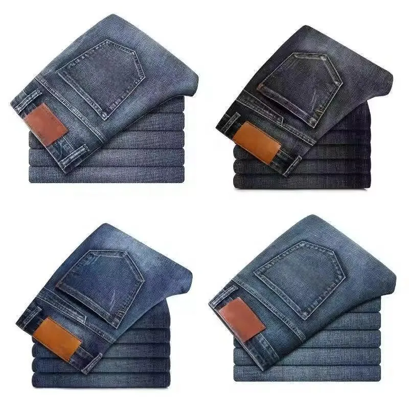 Calças Jeans Masculinas Slimming de Tecido Denim Stretch com Corte Reto e Estilo Casual de Negócios Desgastadas