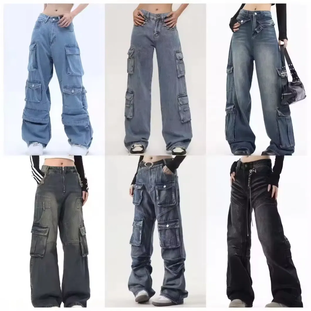 Calças jeans desgastadas, desfiadas e largas para mulheres, com múltiplos bolsos, estilo reto e solto, tendência hip-hop, respirável