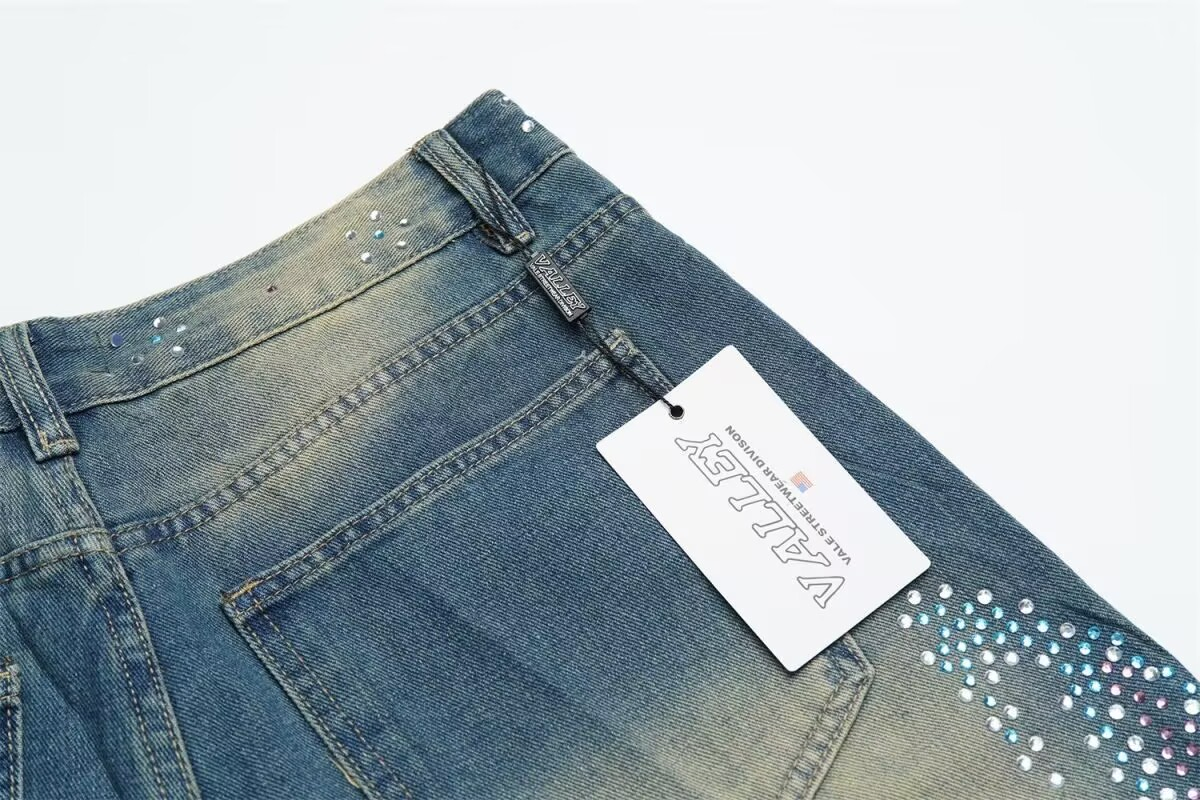 Calças Jeans Vintage de Perna Reta para Homens com Decoração de Strass Va Forever Streetwear