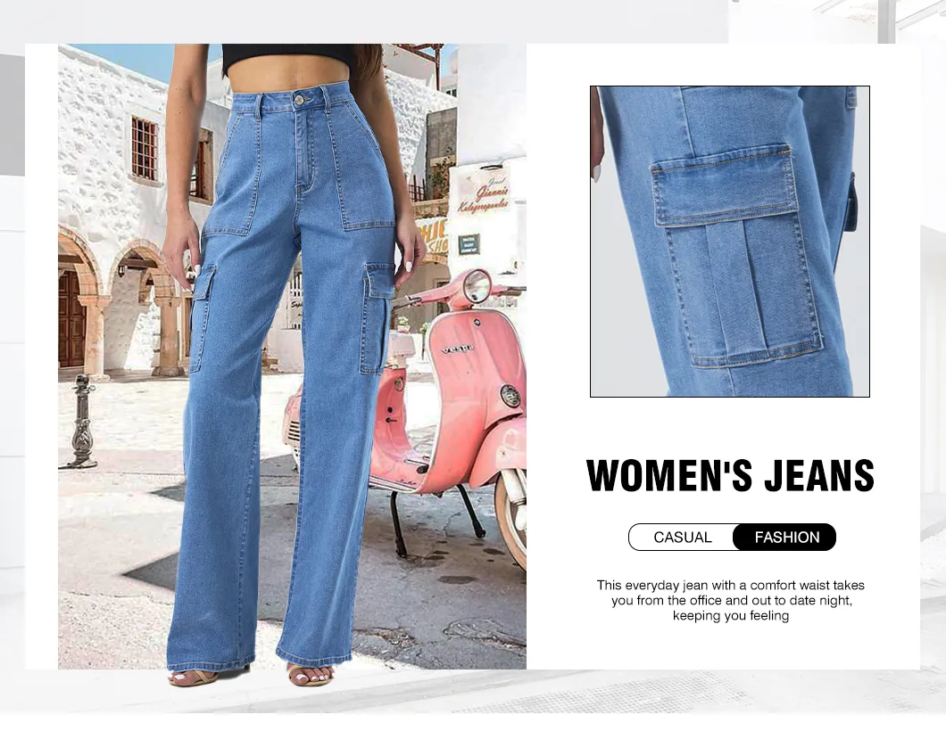 Calças de brim femininas boyfriend de cintura alta com bolsos cargo
