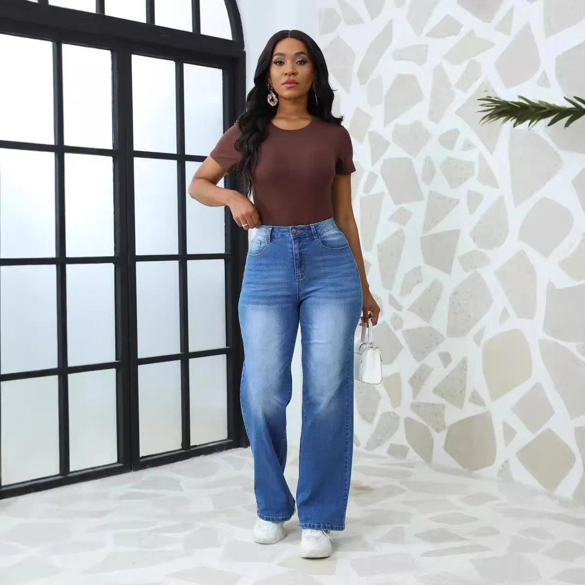Jeans vintage de perna reta soltos casuais com gradiente para mulheres