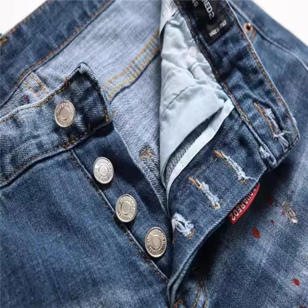 Calças de Jeans Masculinas de Designer em Denim com Estilo de Rua, Lavadas, Desgastadas, com Impressão Clara, Atacado, Personalizadas com Logo