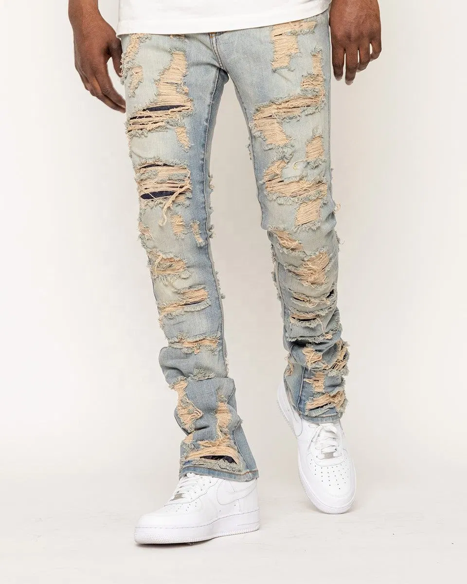 Calças jeans empilhadas rasgadas vintage para homens